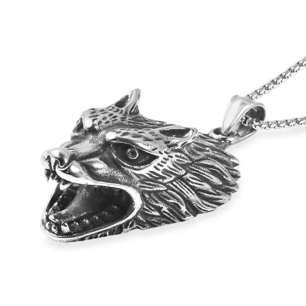 Wolf Head Pendant Necklace 24 Inch